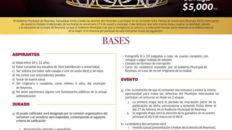 Convoca Gobierno de Reynosa a Certamen Señorita Fiestas de Aniversario 2023