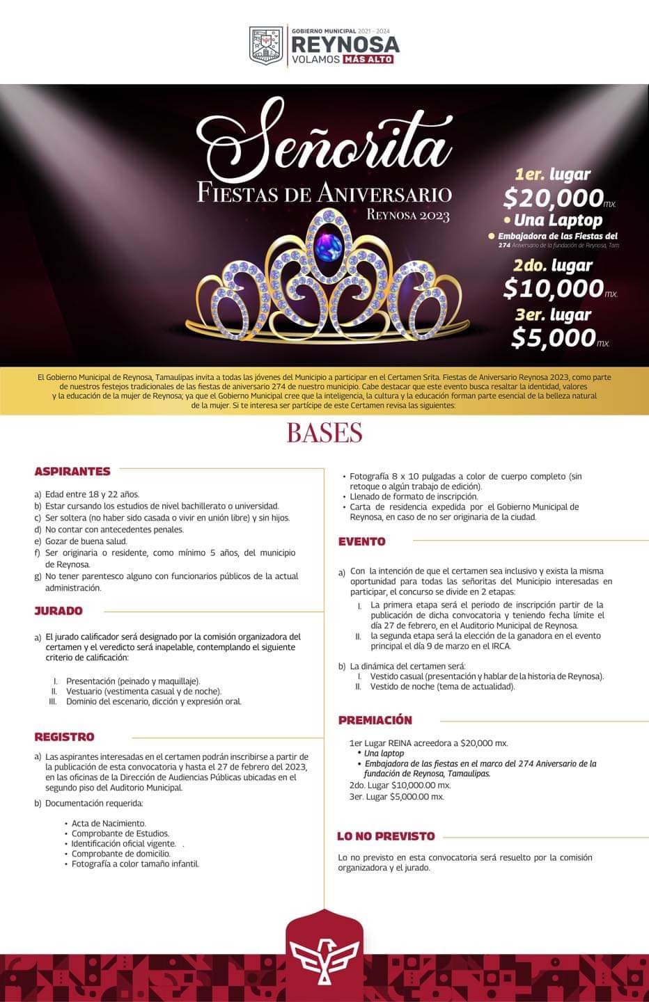 Convoca Gobierno de Reynosa a Certamen Señorita Fiestas de Aniversario 2023